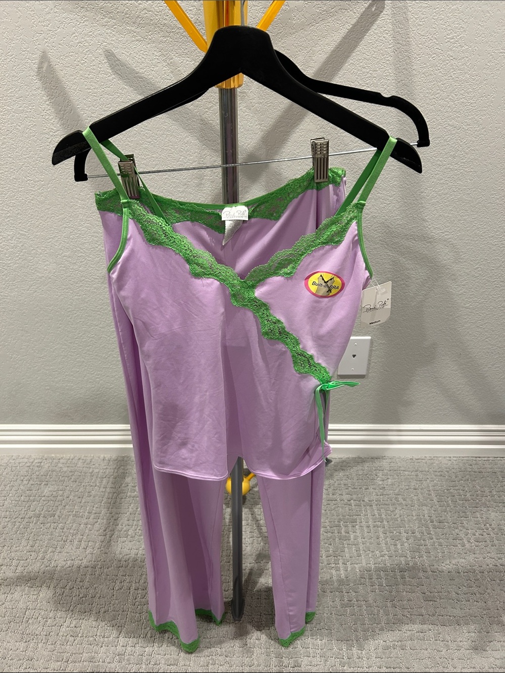 Rene Rofe Lavender Camisole & Pant Pajama Set with Green Lace Trim